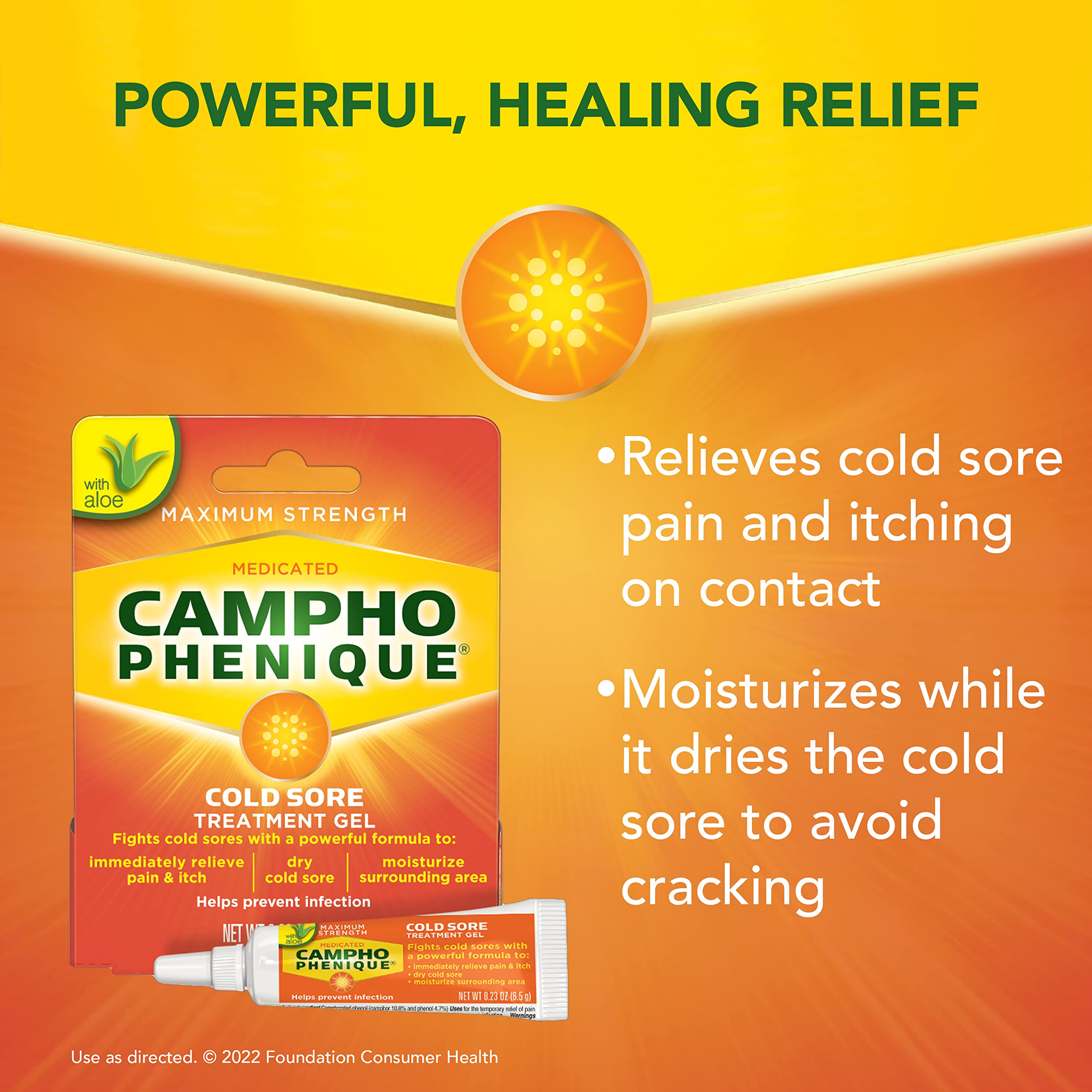 Campho Phenique maximum strength lip gel 0.23 ounce tube showing active ingredients
