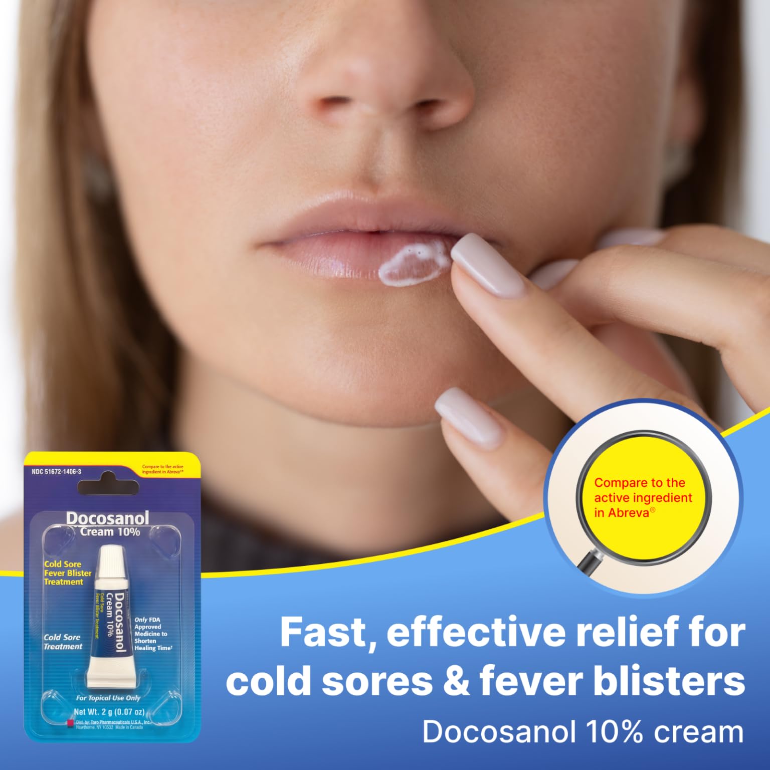 Two tubes of Taro docosanol ten percent cream displaying the anti-itch formula designed for lip blister relief.