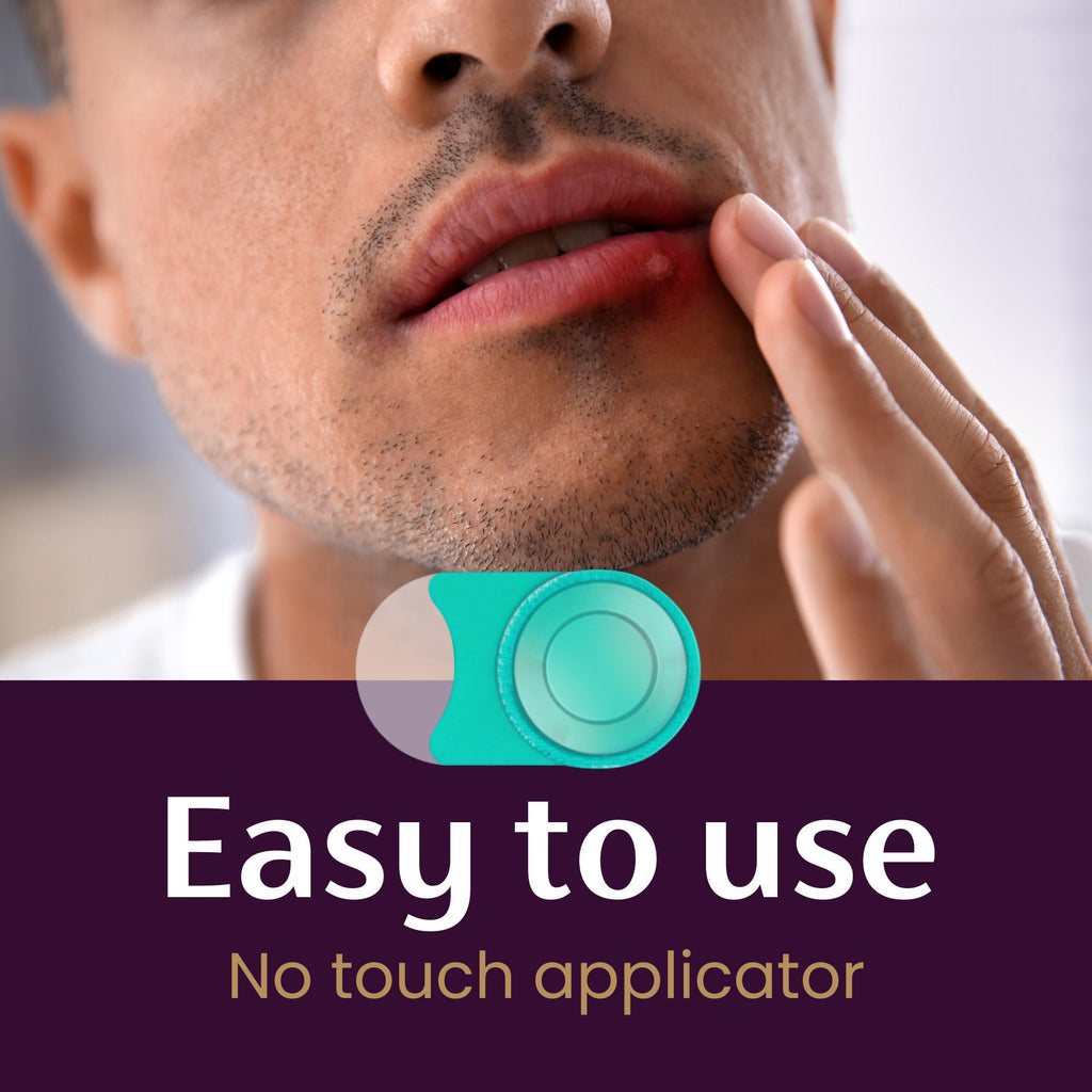 Model demonstrating how makeup or lipstick can be applied directly over the Mederma cold sore patch.