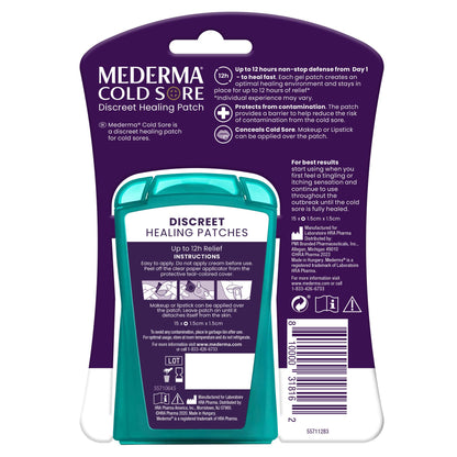 Mederma cold sore patch kit containing fifteen sterile hydrocolloid gel patches for fast recovery.