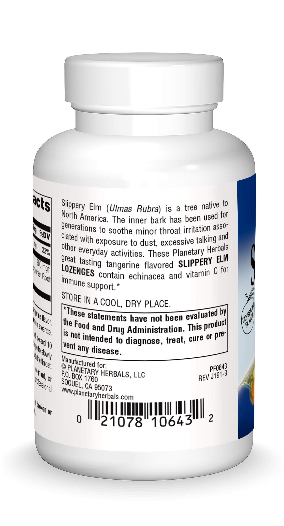 Planetary Herbals Slippery Elm 100 count tangerine flavor supplement facts label