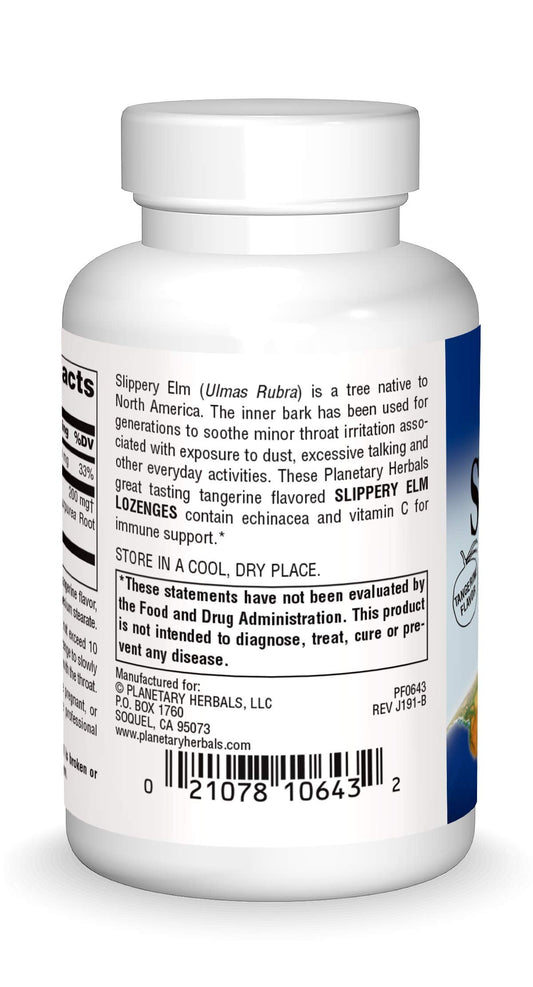 Planetary Herbals Slippery Elm 100 count tangerine flavor supplement facts label