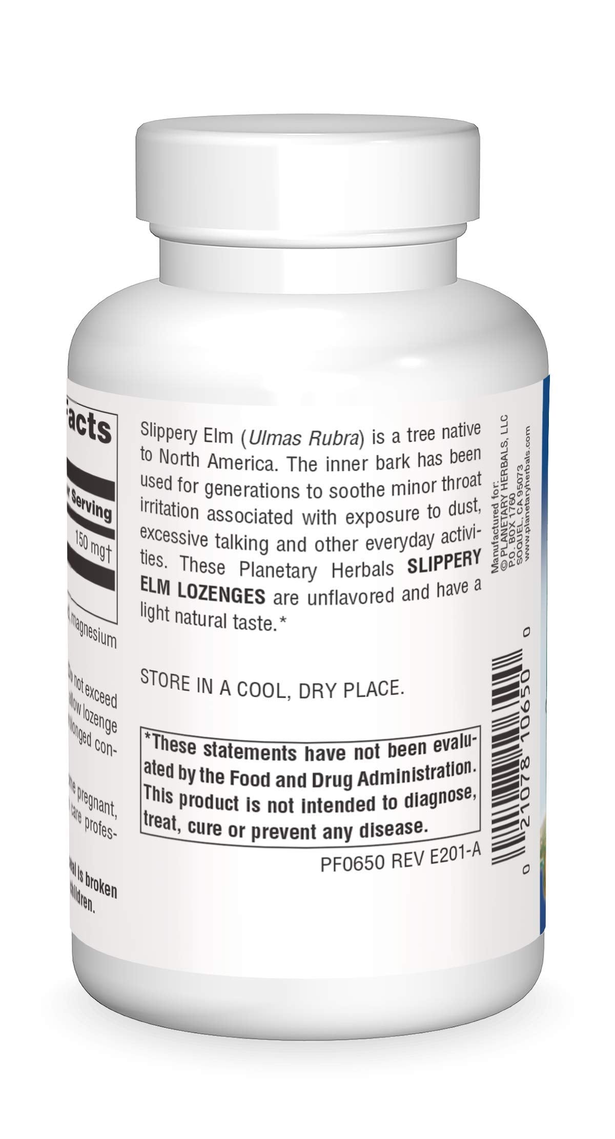 Planetary Herbals unflavored slippery elm 150 mg supplement facts label and instructions