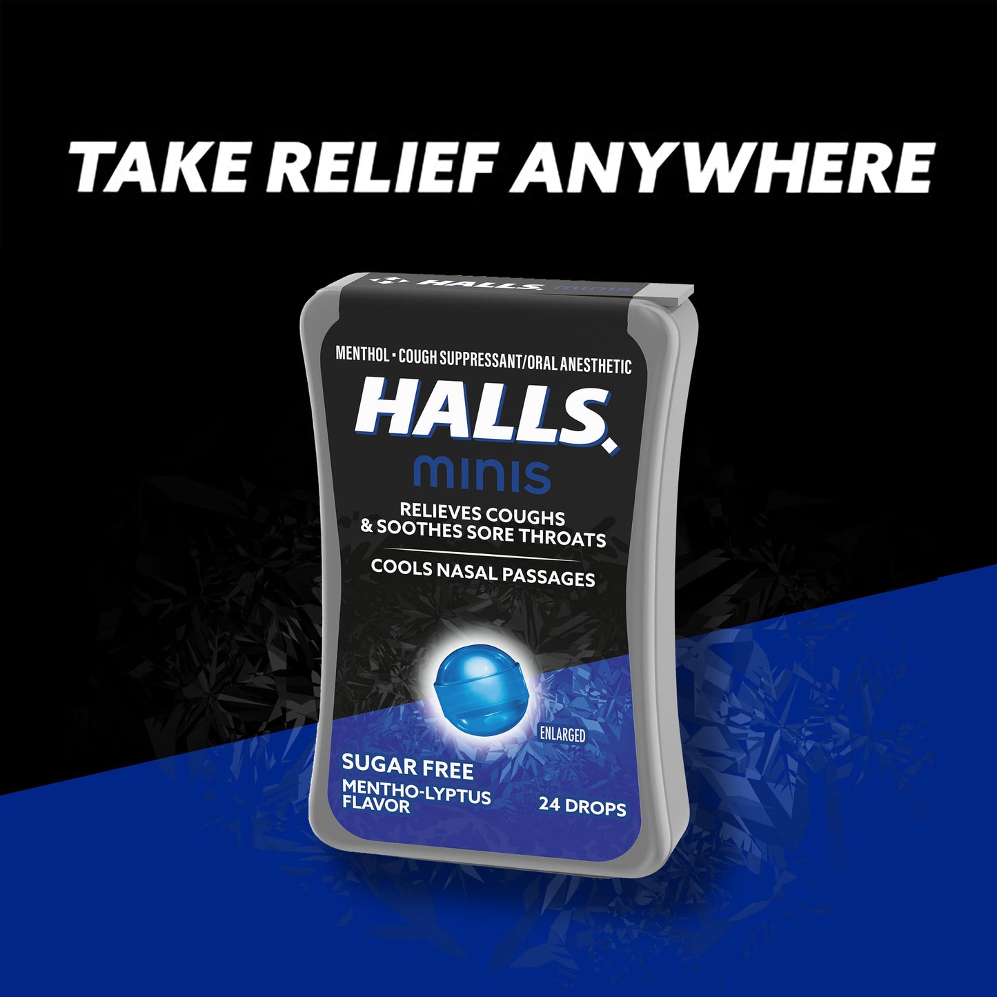 HALLS mini lozenges sugar free flip top container displaying portable design
