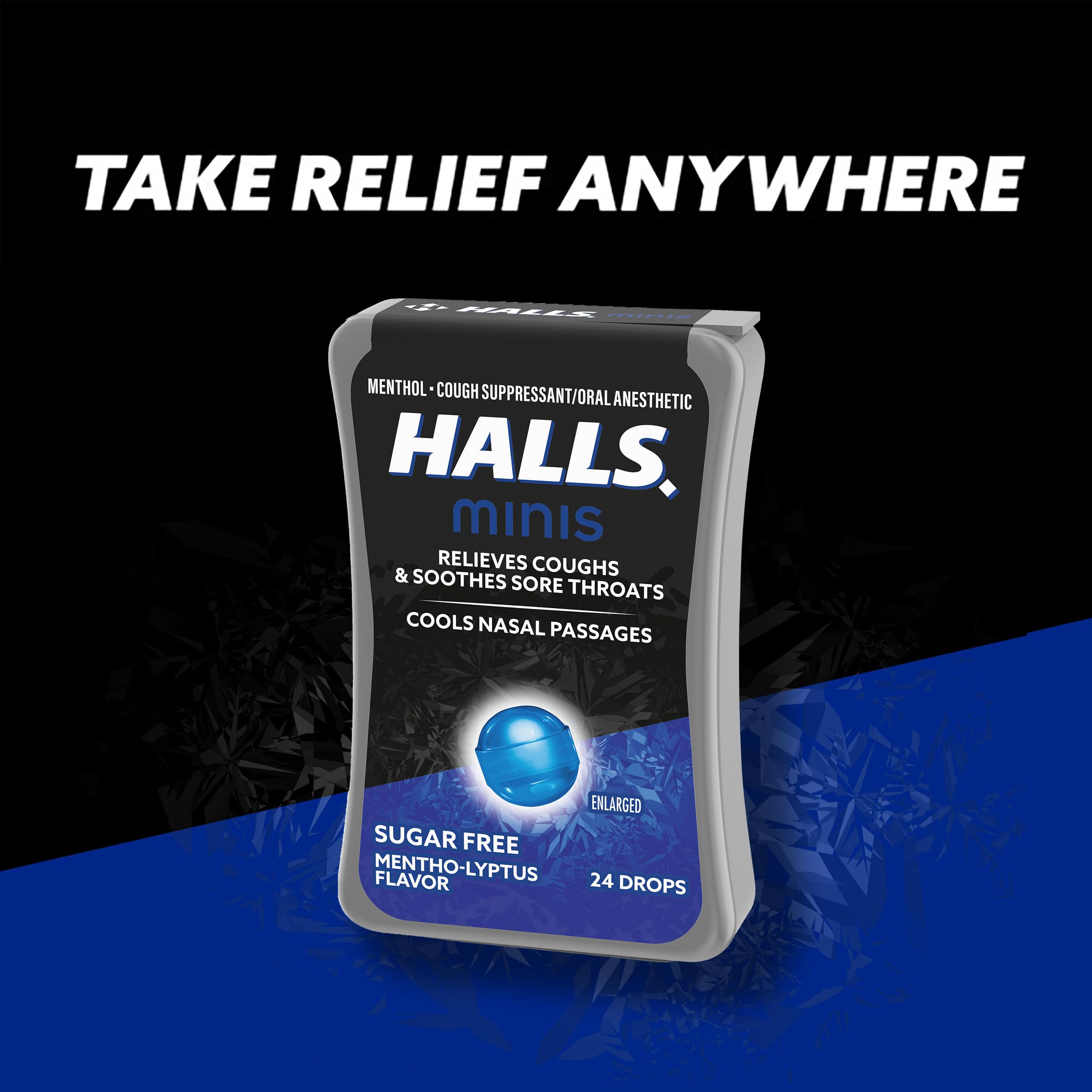 HALLS mini lozenges sugar free flip top container displaying portable design