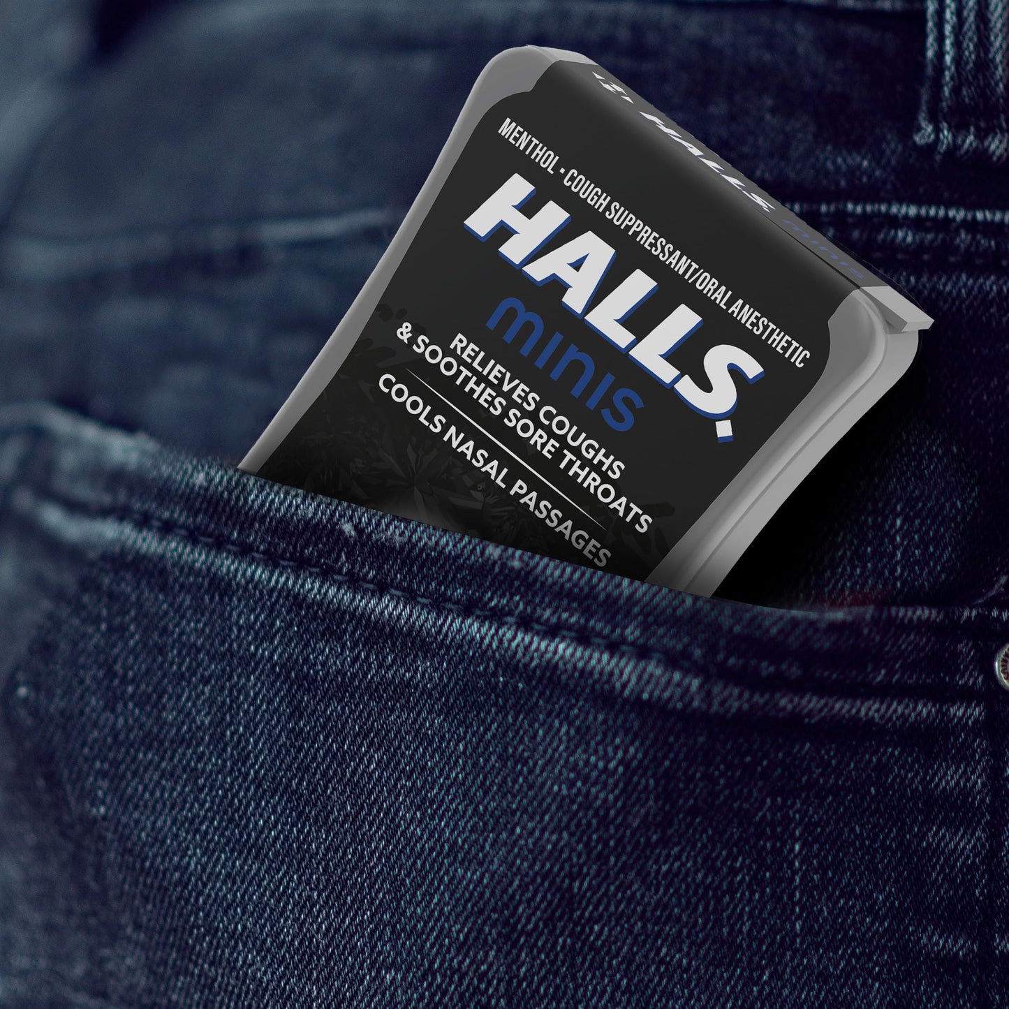 Back label of HALLS Minis 24 lozenges showing drug facts and menthol content