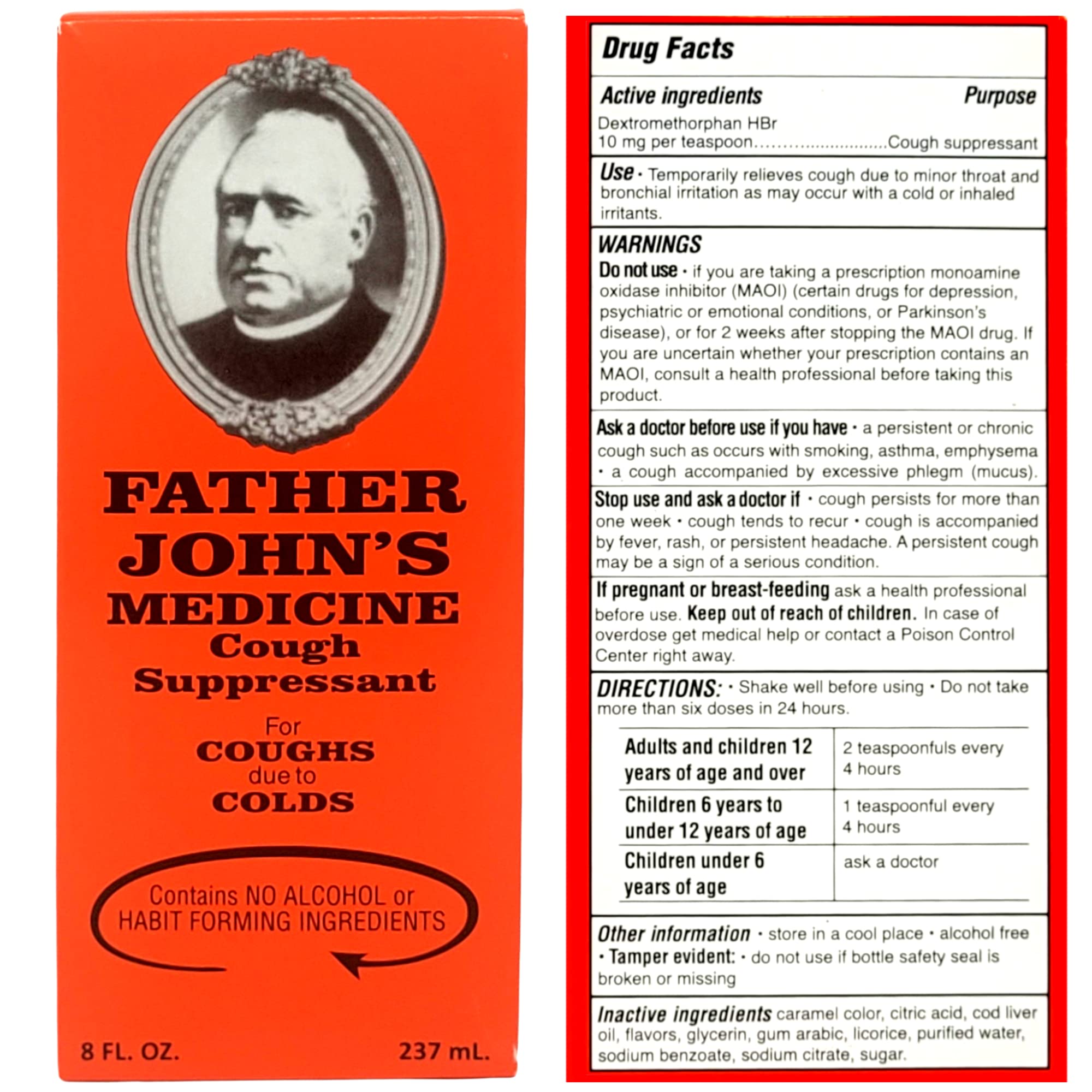 Father John's non-alcoholic cough suppressant liquid bottle showing ingredient facts and cod liver oil base details.