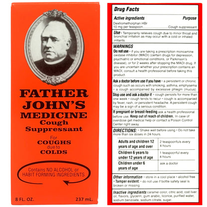 Father John's non-alcoholic cough suppressant liquid bottle showing ingredient facts and cod liver oil base details.