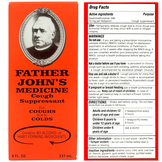 Father John's non-alcoholic cough suppressant liquid bottle showing ingredient facts and cod liver oil base details.