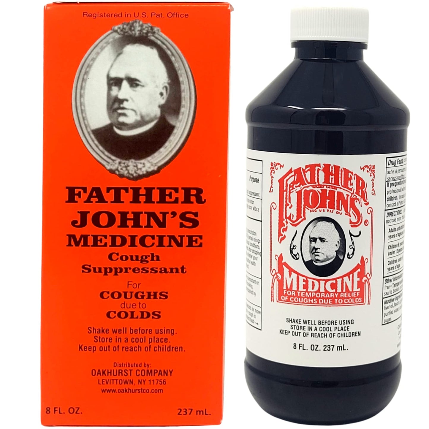 Side profile of Father John's 8 Ounces family cough syrup bottle showcasing authentic imported packaging markers.