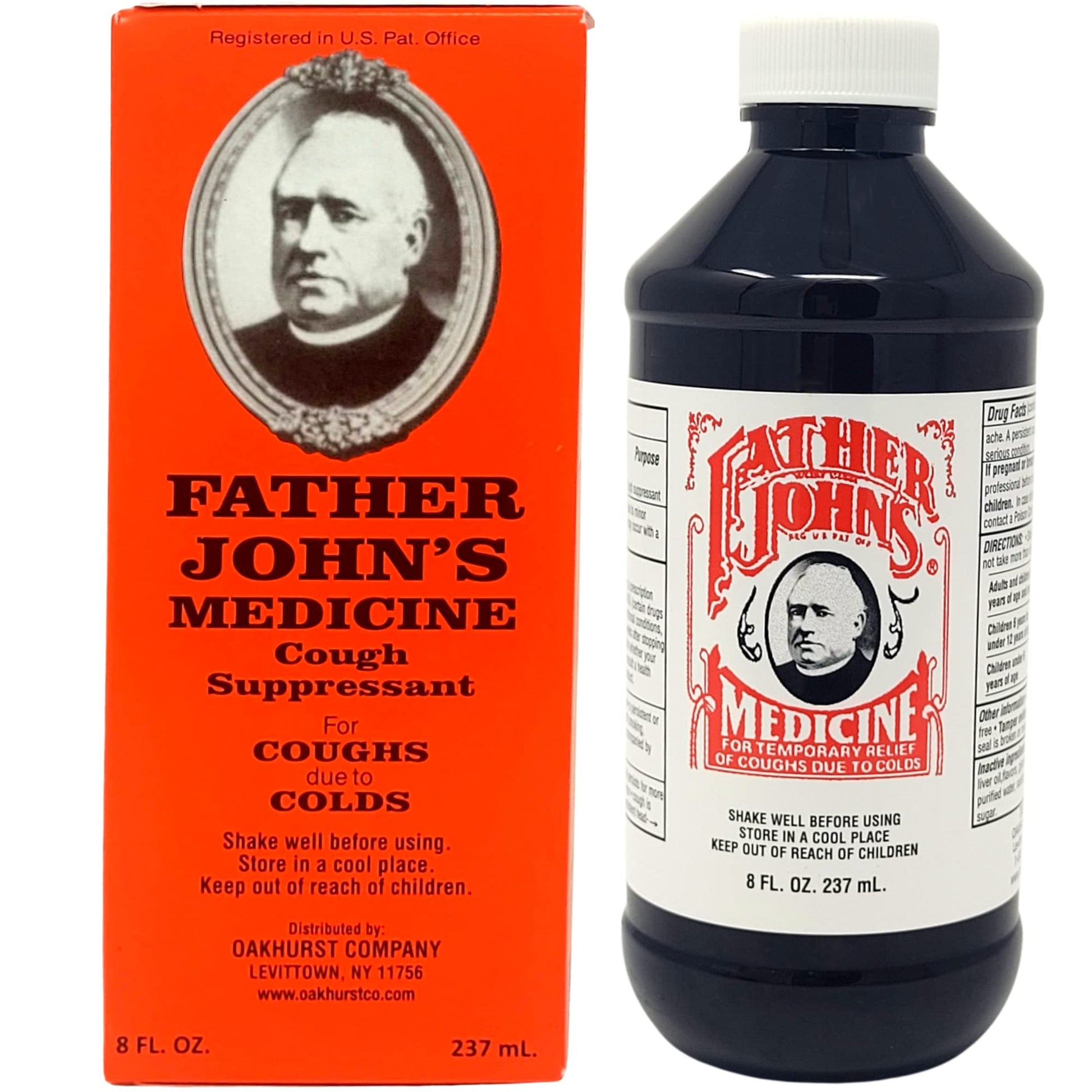Side profile of Father John's 8 Ounces family cough syrup bottle showcasing authentic imported packaging markers.