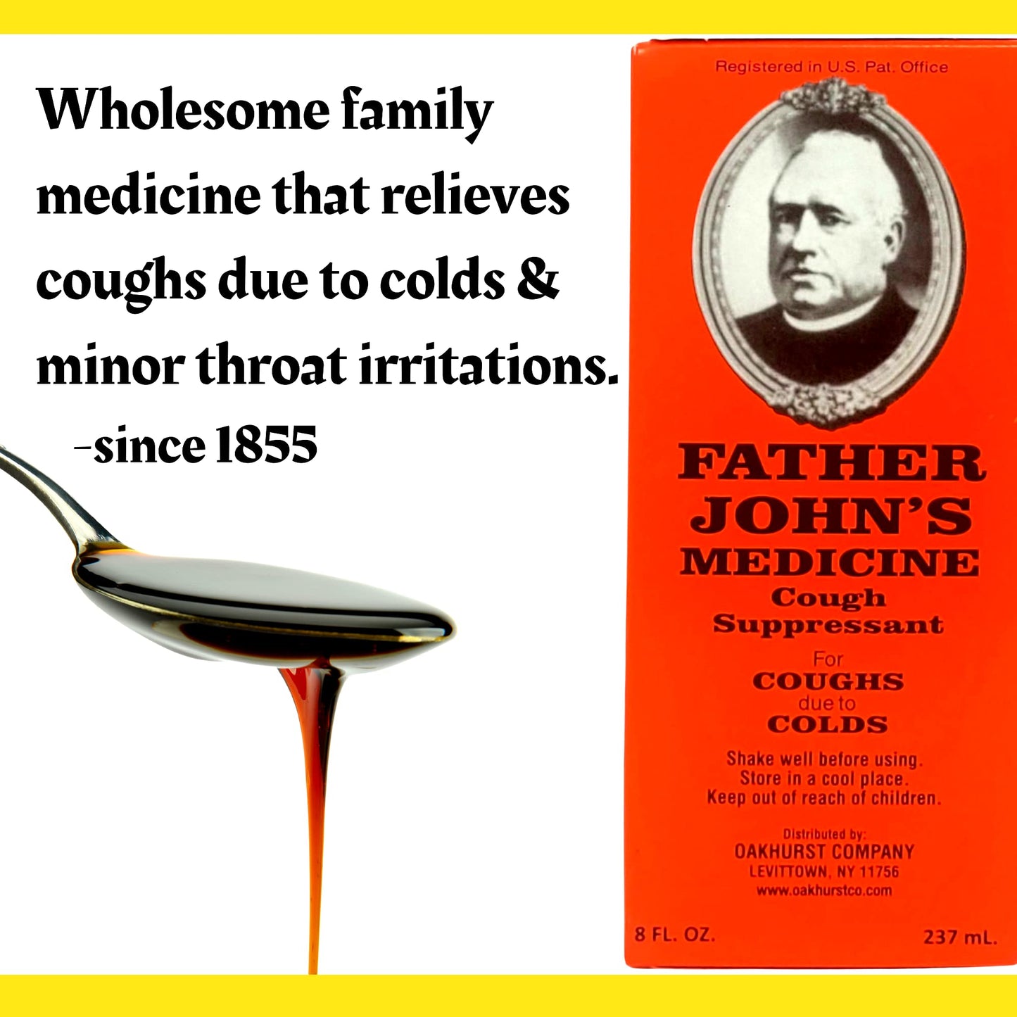 Father John's Medicine liquid cough relief showing directions of use and dosage instructions on the back label.