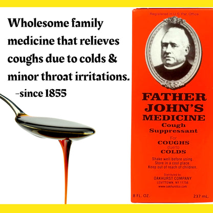 Father John's Medicine liquid cough relief showing directions of use and dosage instructions on the back label.