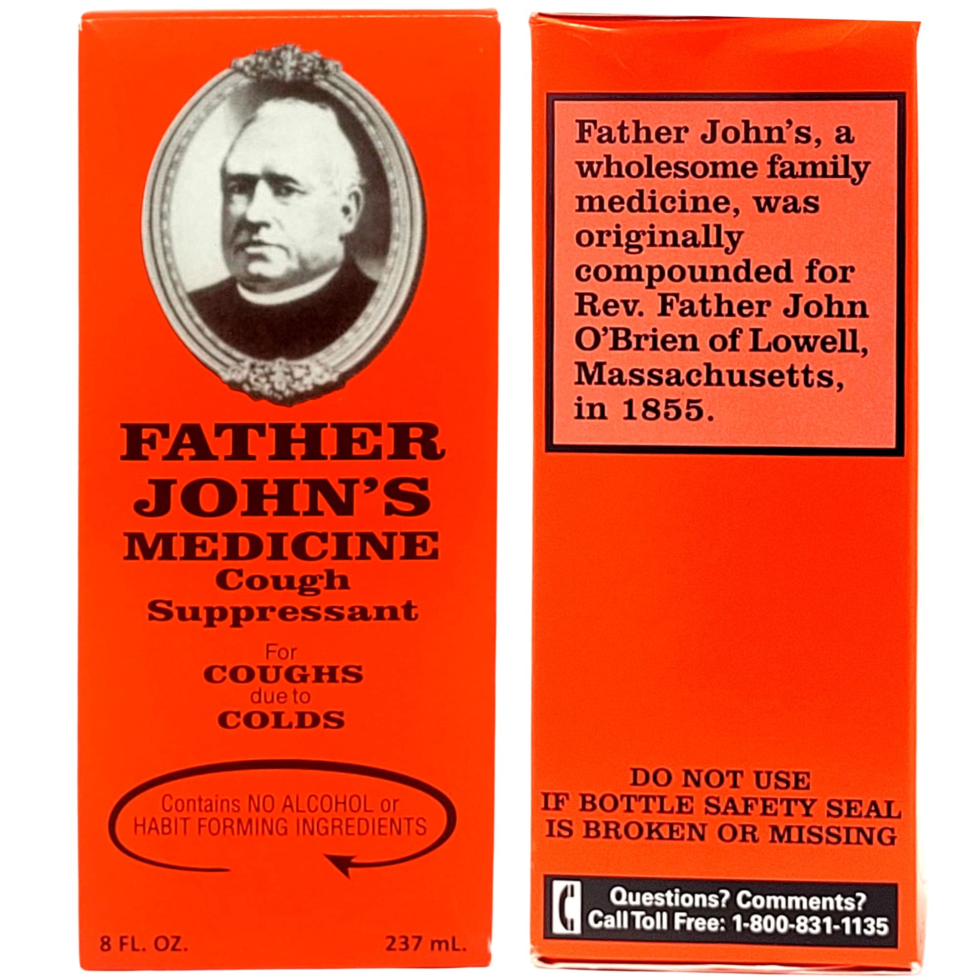 Father John's Medicine full product label detailing the dextromethorphan hydrobromide active ingredient and safety guidelines.