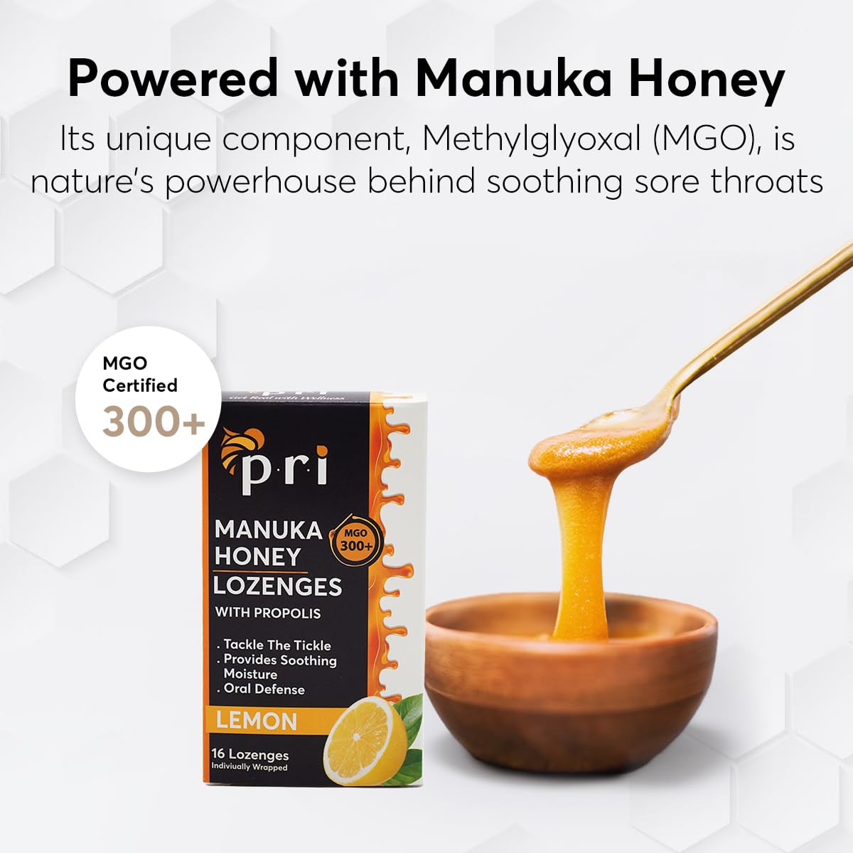 Close up of individually wrapped P.R.I. Manuka honey cough drops