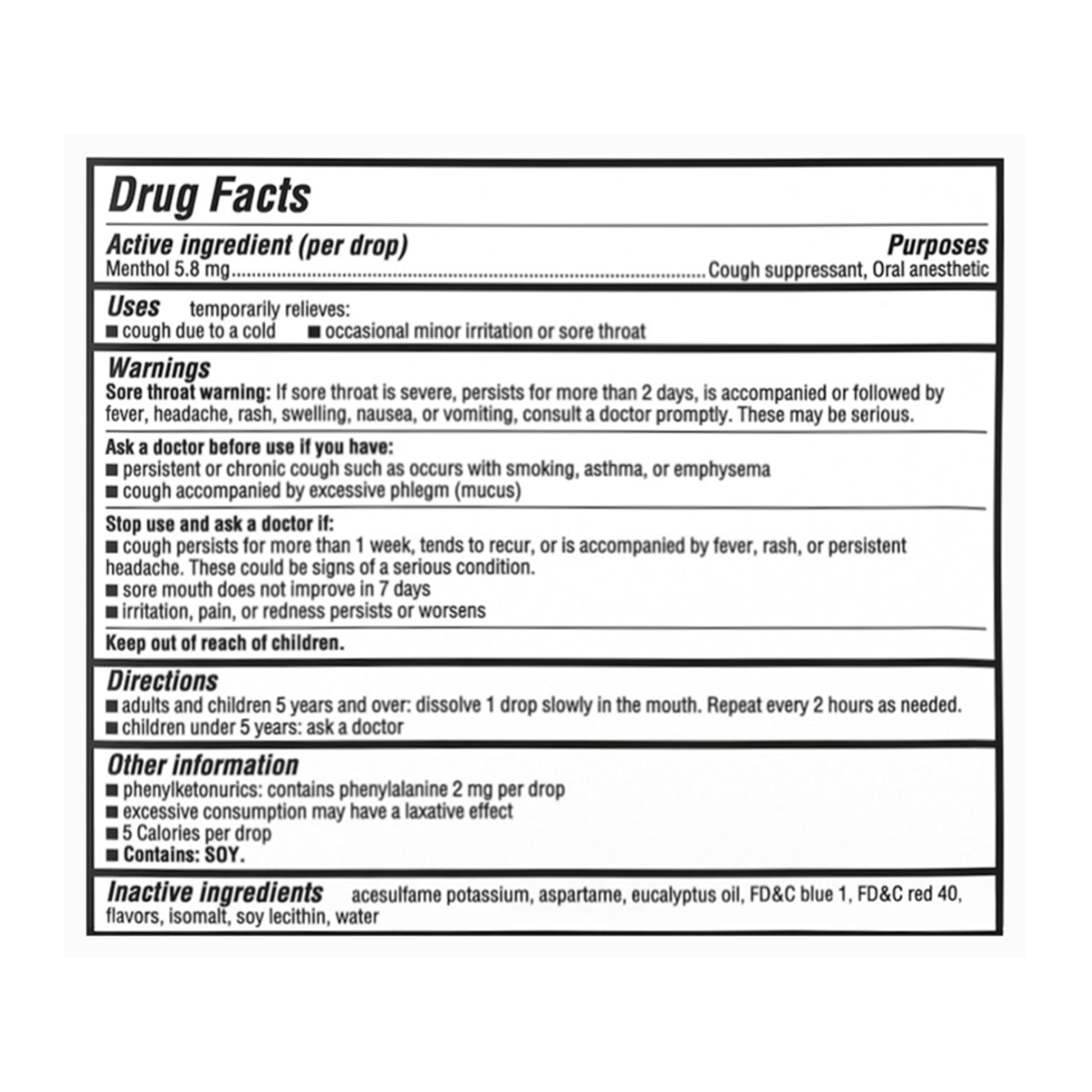 Halls Mountain Menthol sugar free lozenges showing the clear ingredients list and nutritional facts on the back.