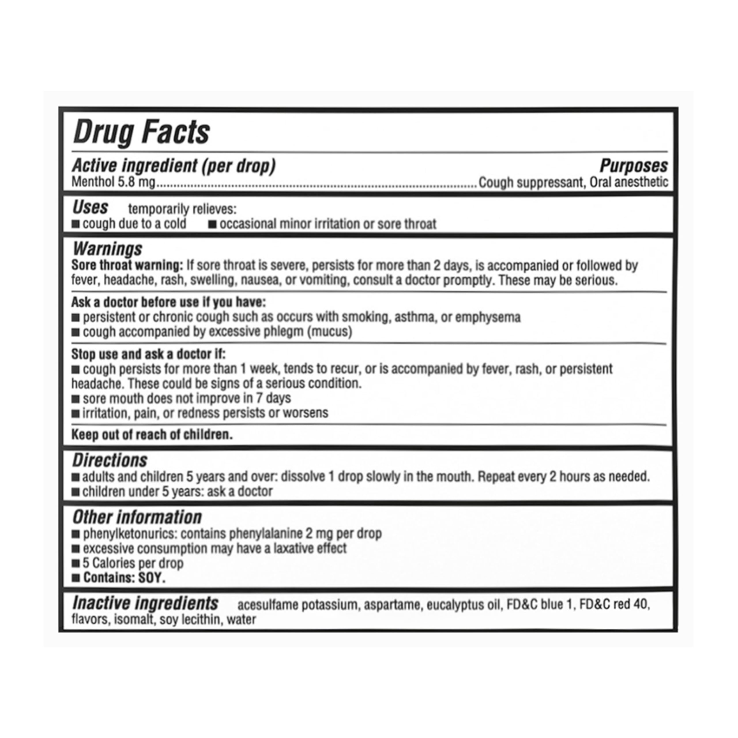 Halls Mountain Menthol sugar free lozenges showing the clear ingredients list and nutritional facts on the back.