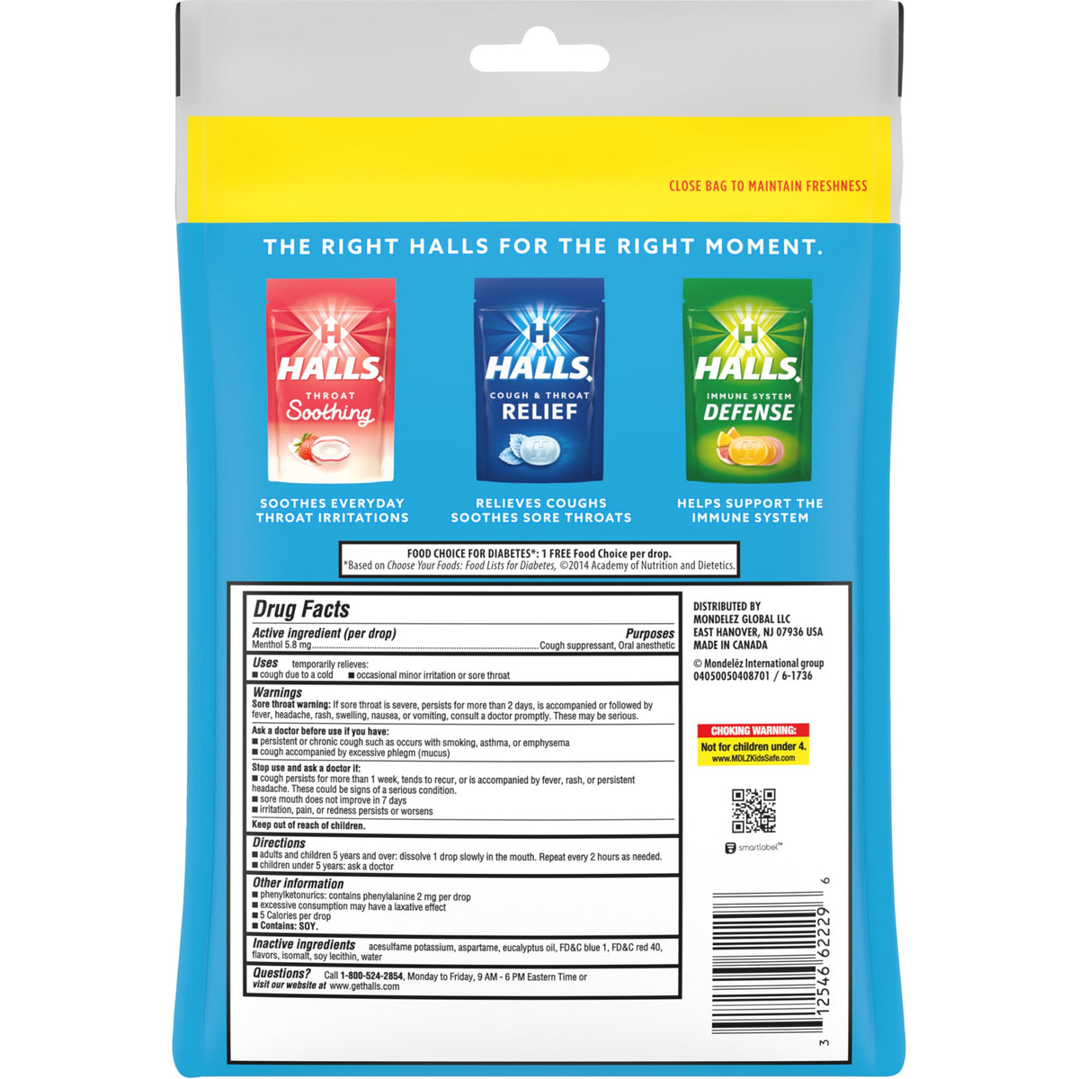 Imported Halls throat drops displaying individual wrapping and 5.8 mg menthol strength verification.