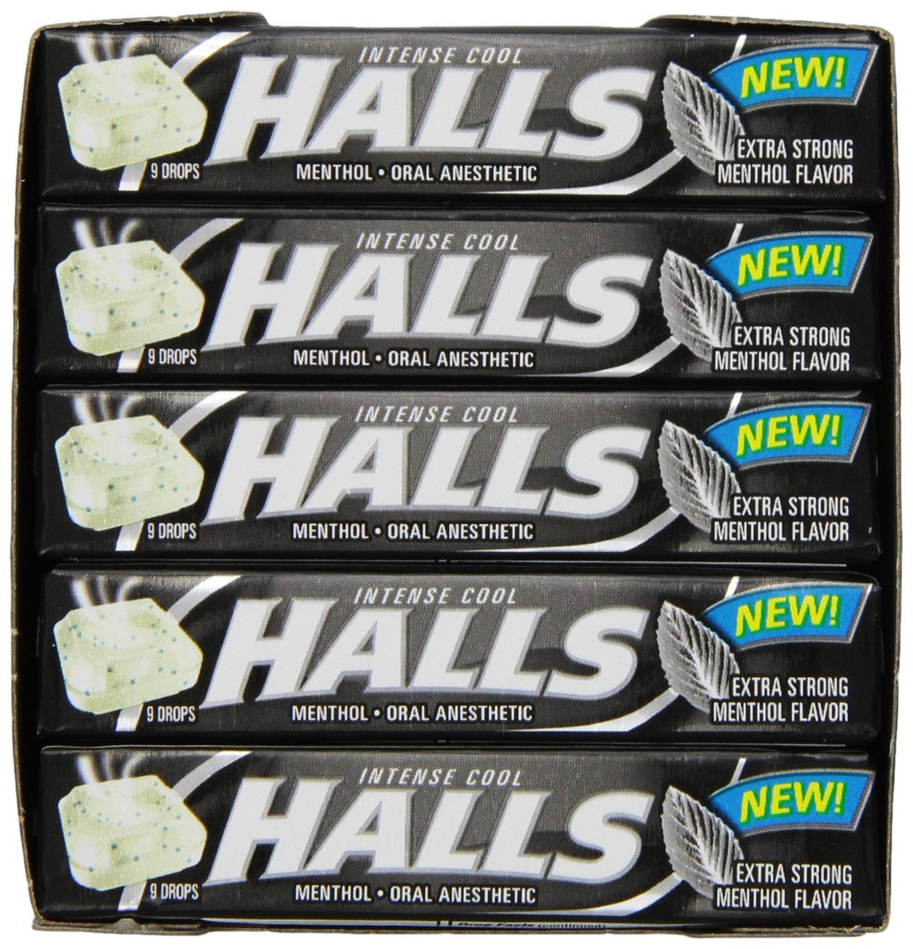 A single stick of HALLS Max Strength Menthol Cough Drops highlighting the clear product labeling.