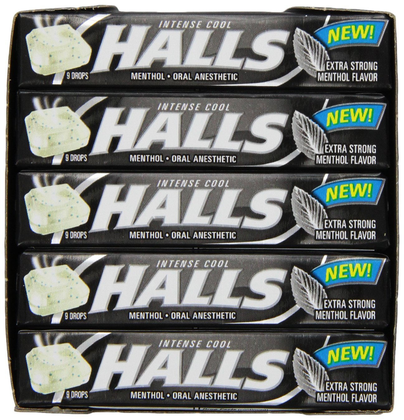 A single stick of HALLS Max Strength Menthol Cough Drops highlighting the clear product labeling.