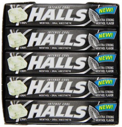 A single stick of HALLS Max Strength Menthol Cough Drops highlighting the clear product labeling.