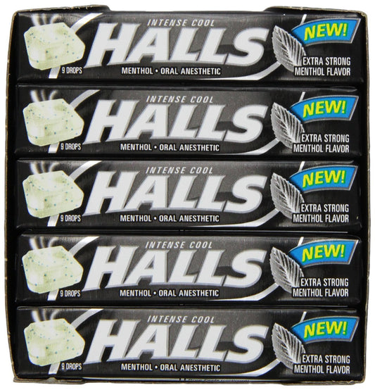 A single stick of HALLS Max Strength Menthol Cough Drops highlighting the clear product labeling.