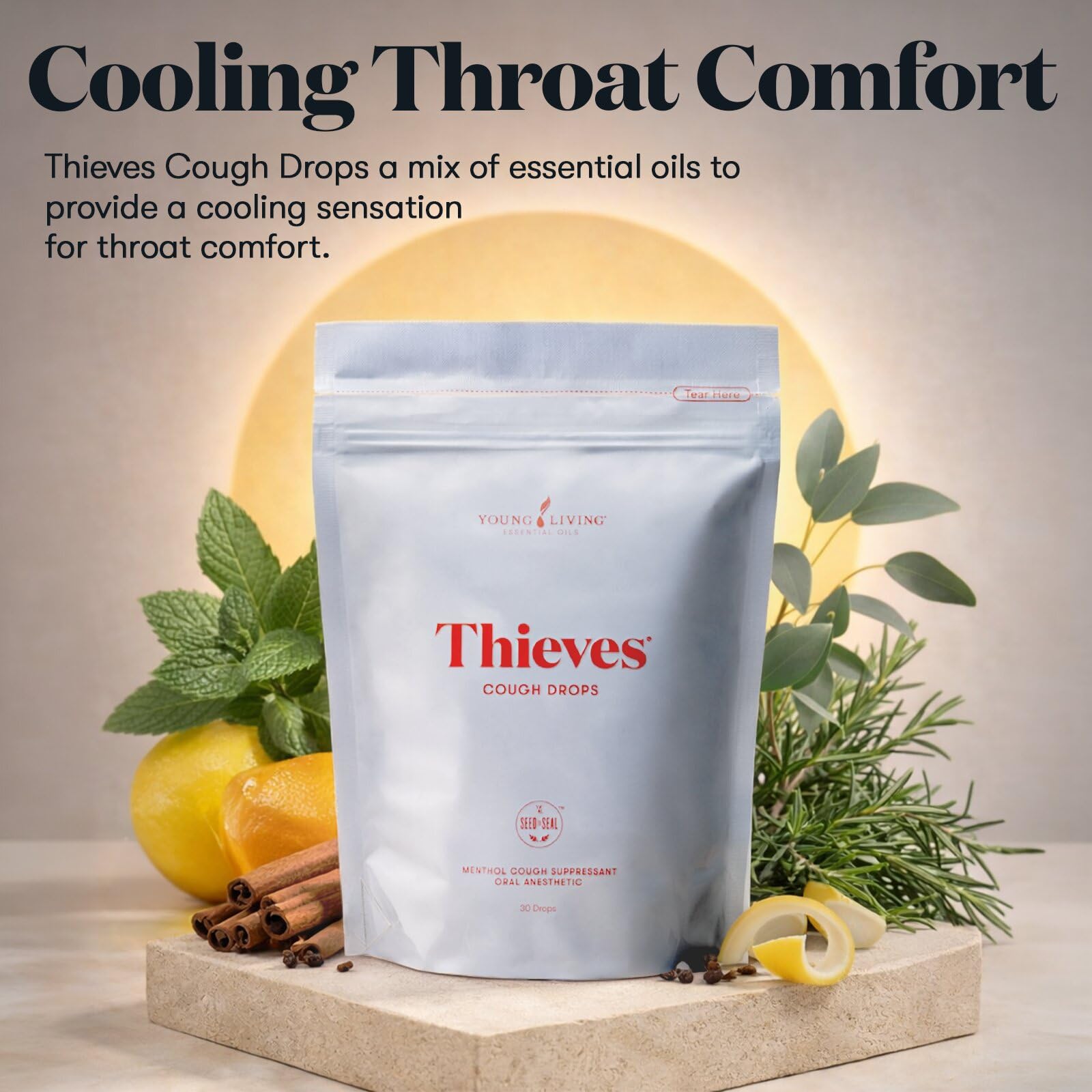 Young Living Thieves medicated lozenges packaging showing ingredients and sugar free label
