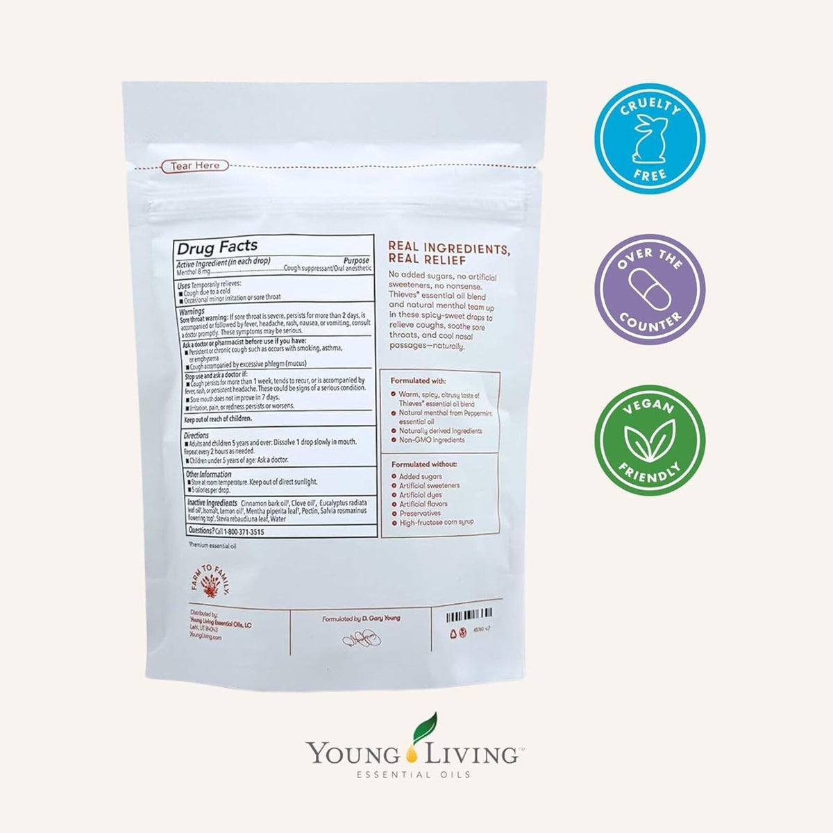 Young Living Thieves plant based cough drops with menthol and cinnamon flavor profile