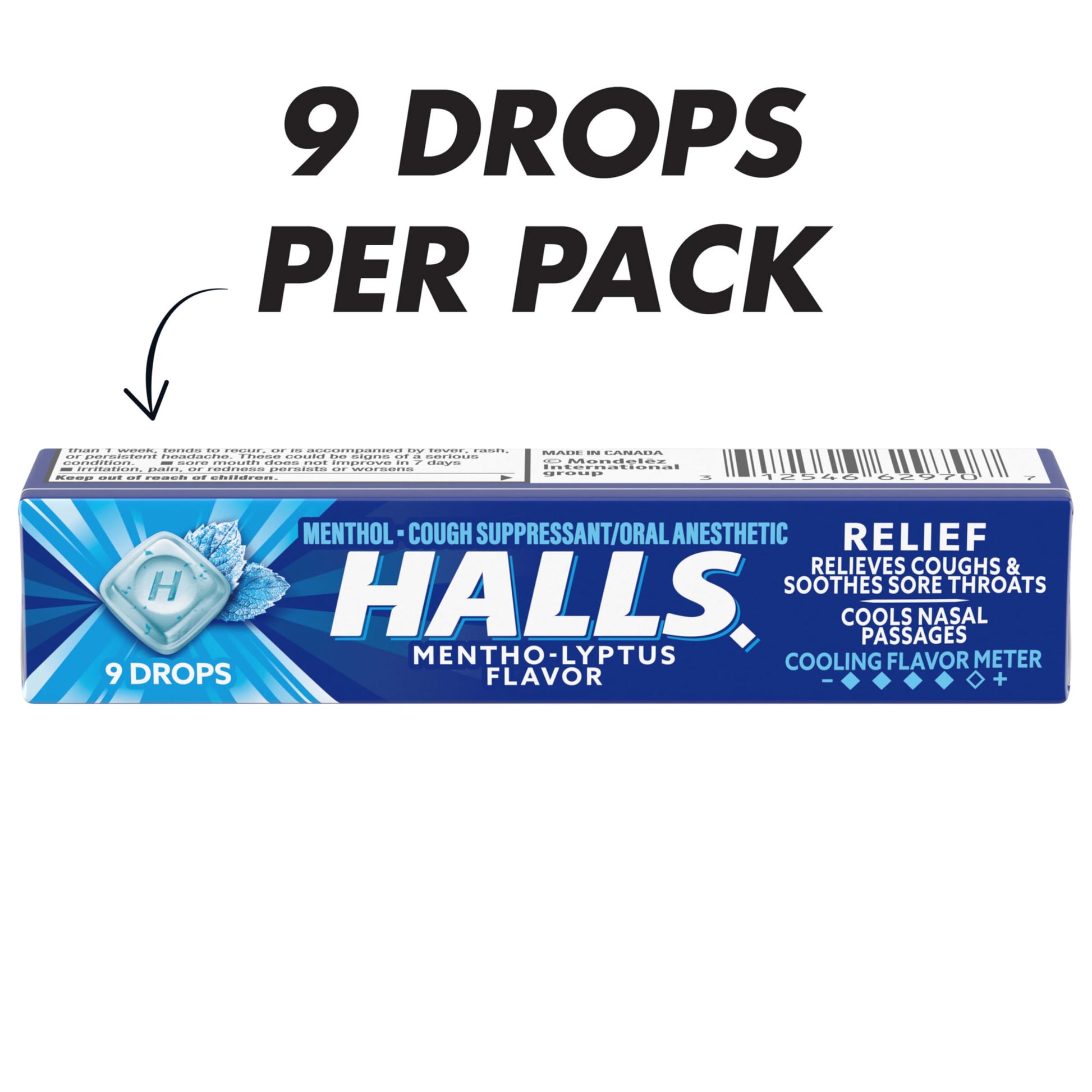 HALLS cough suppressant and oral anesthetic sticks showing ingredient information