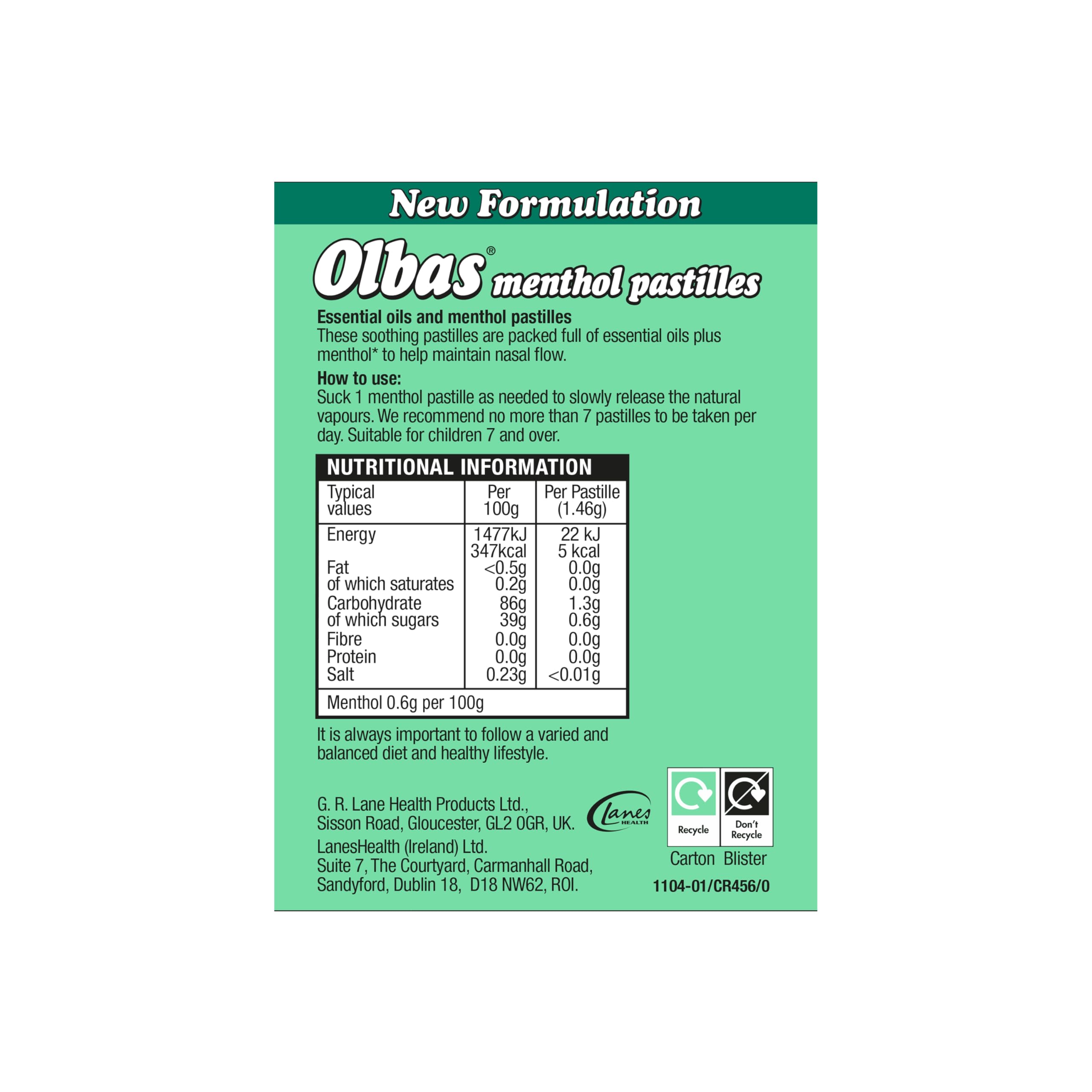 Olbas soothing decongestant lozenges showing nutritional and ingredient facts