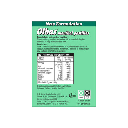Olbas soothing decongestant lozenges showing nutritional and ingredient facts