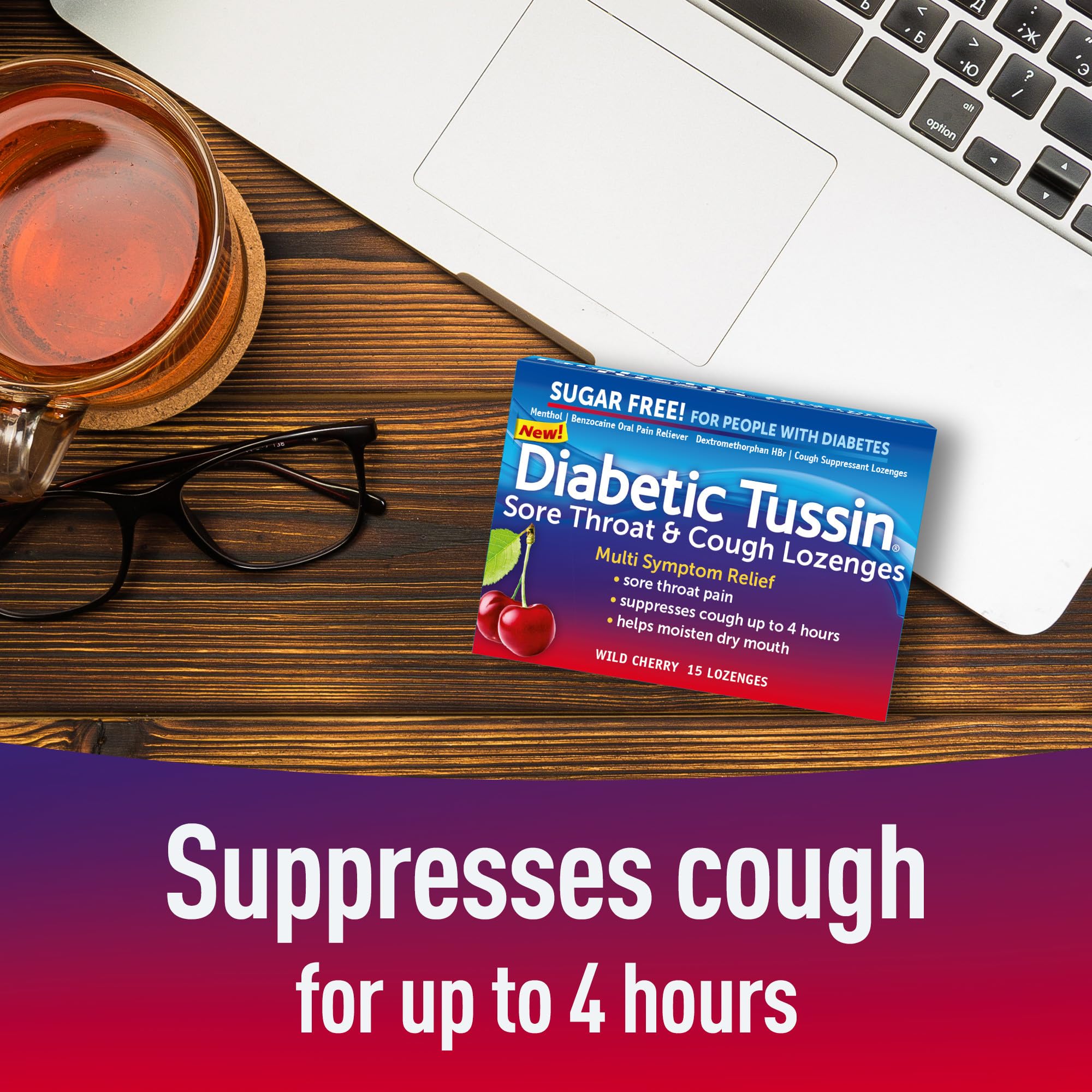 Diabetic Tussin Wild Cherry sugar free lozenges side panel displaying drug facts and active ingredients.
