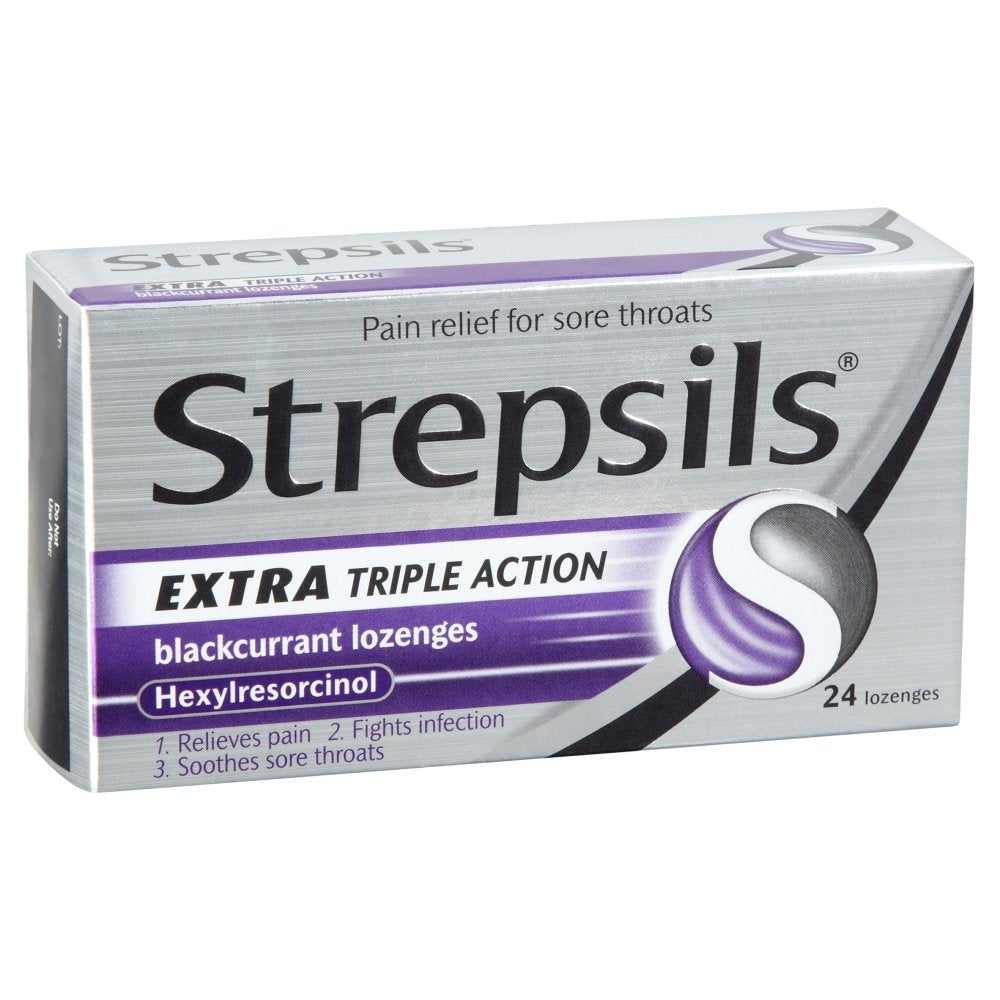 Strepsils Extra anesthetic throat lozenges twenty-four count box showing active ingredient hexylresorcinol details