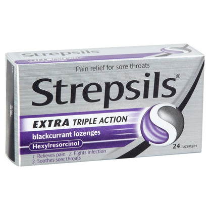 Strepsils Extra anesthetic throat lozenges twenty-four count box showing active ingredient hexylresorcinol details