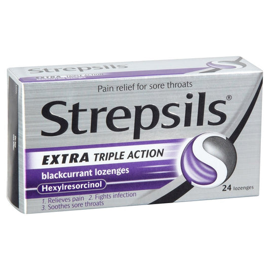 Strepsils Extra anesthetic throat lozenges twenty-four count box showing active ingredient hexylresorcinol details
