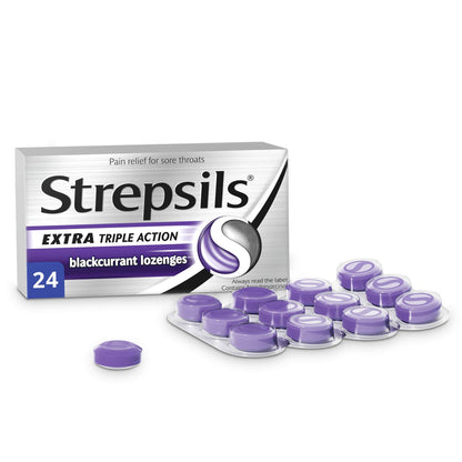 Imported Strepsils Extra Triple Action blackcurrant flavor lozenges showing dosage directions and infection fighting benefits