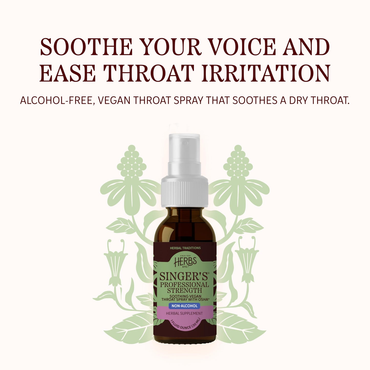 Herbs Etc throat comfort spray bottle showing authentic label and one fluid ounce sizing