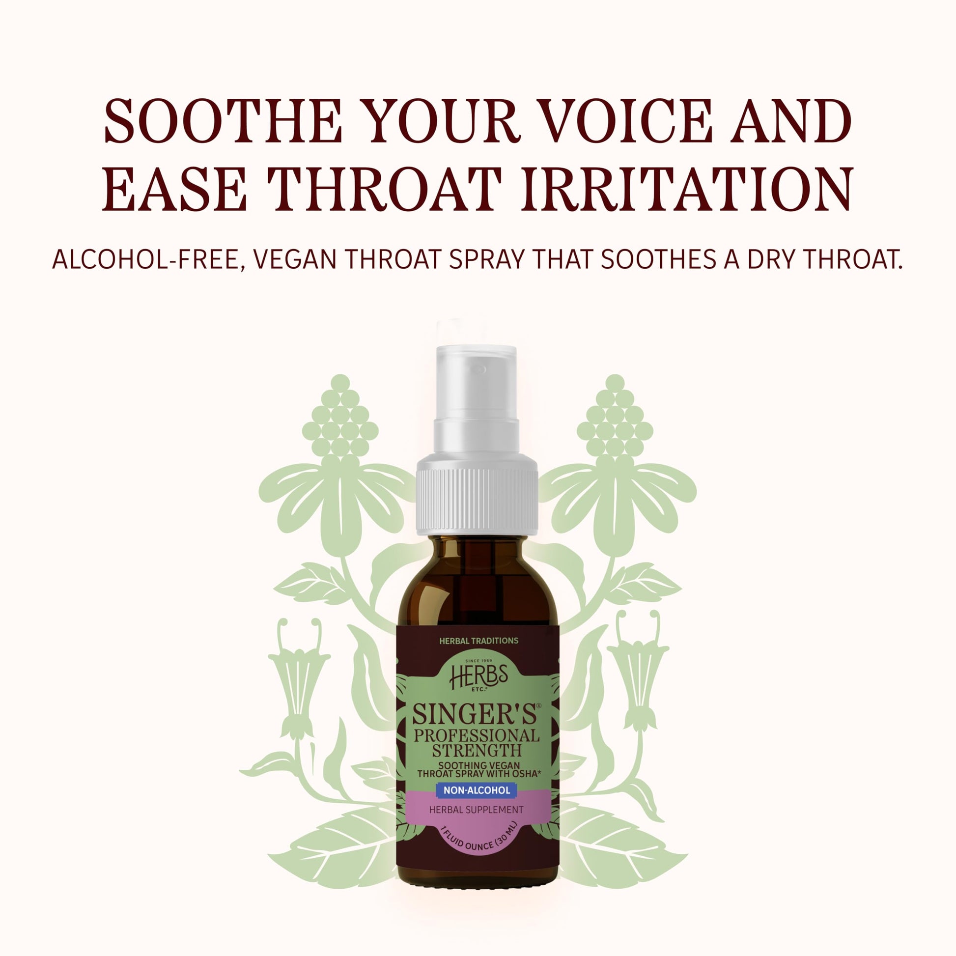Herbs Etc throat comfort spray bottle showing authentic label and one fluid ounce sizing