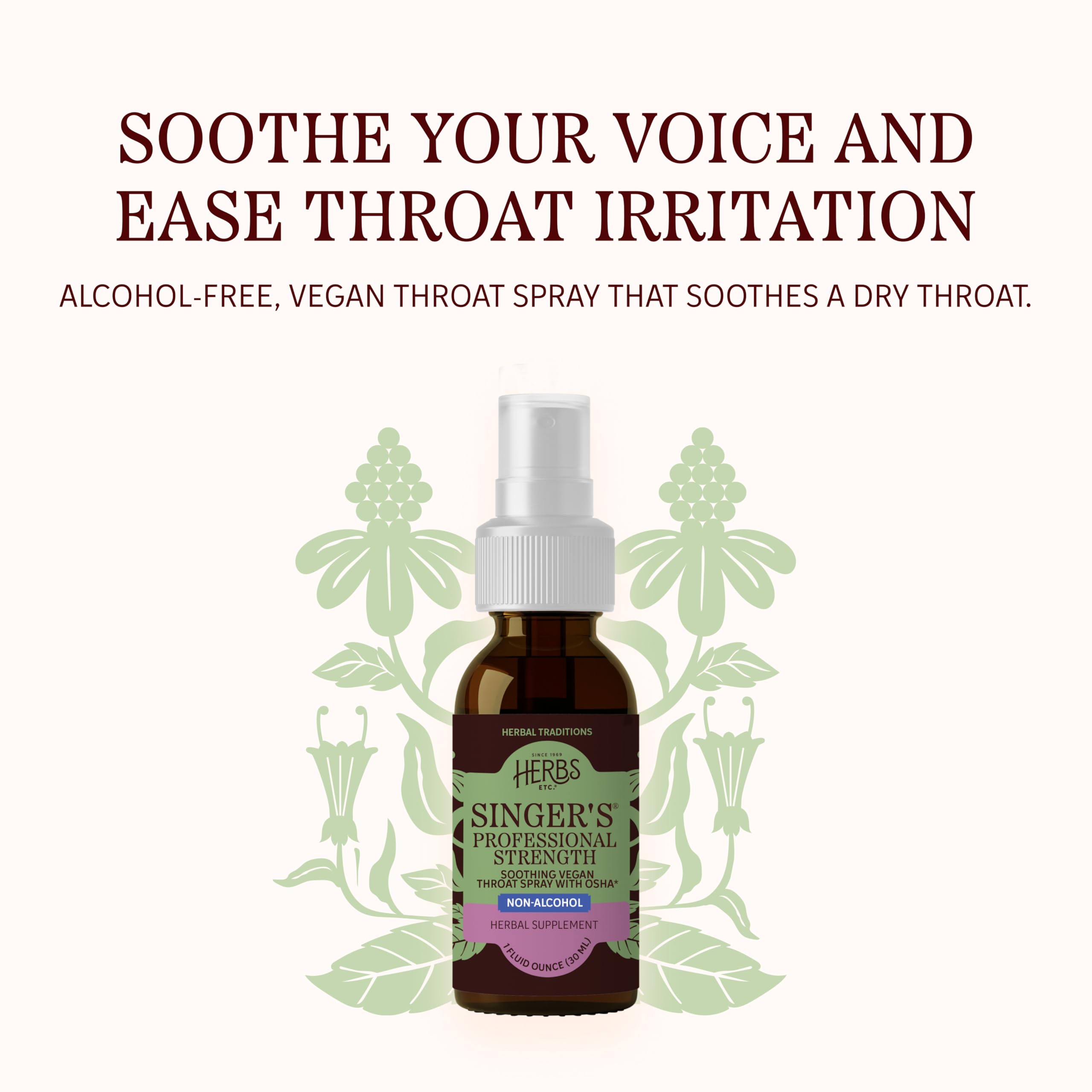 Herbs Etc throat comfort spray bottle showing authentic label and one fluid ounce sizing