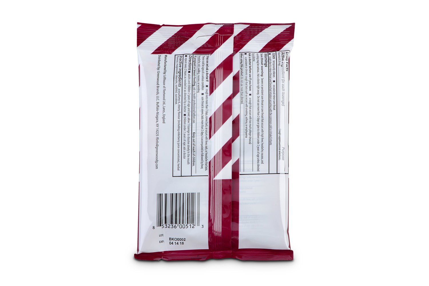 Fisherman's Friend sugar free cherry flavor throat lozenges packaging detailing 40 count quantity and active ingredients