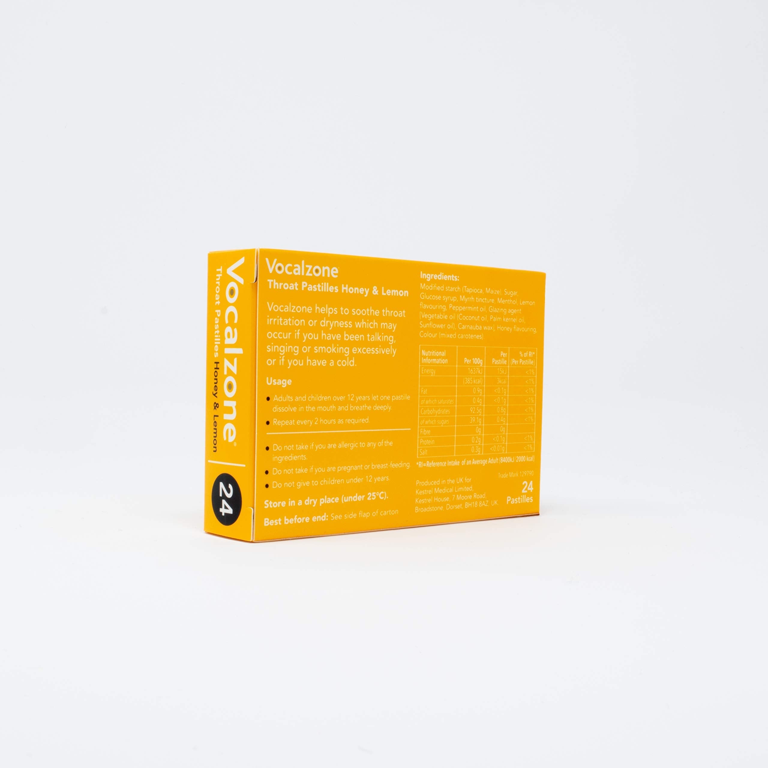 Vocalzone Throat Pastilles twenty four pack side view showing product benefits