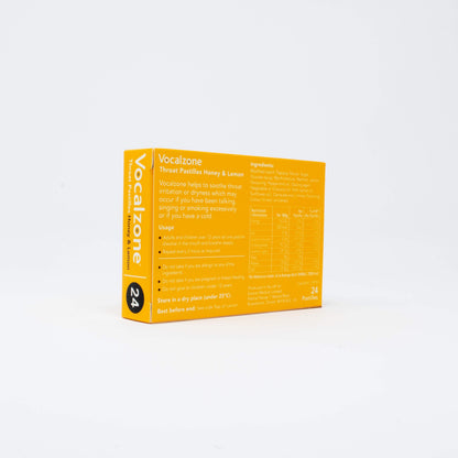 Vocalzone Throat Pastilles twenty four pack side view showing product benefits
