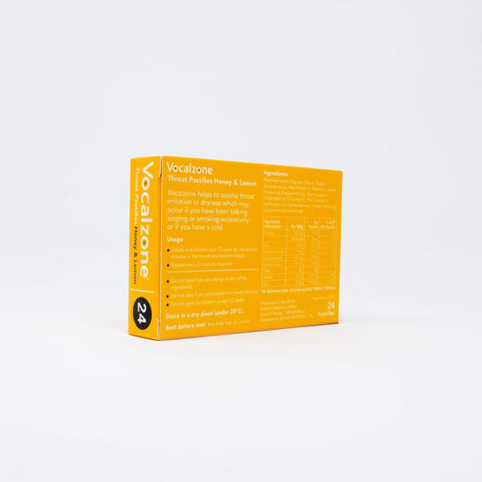 Vocalzone Throat Pastilles twenty four pack side view showing product benefits