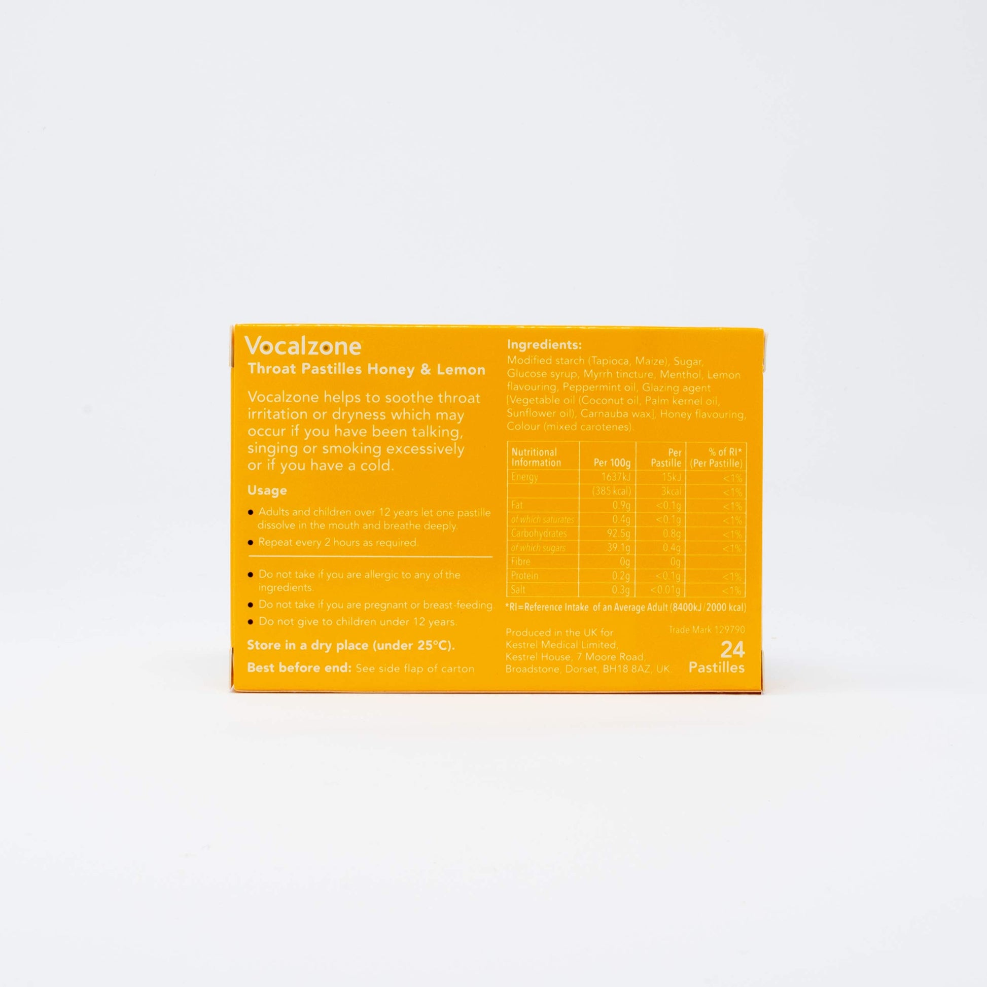 Vocalzone Honey Lemon lozenges dietary and suitability information label
