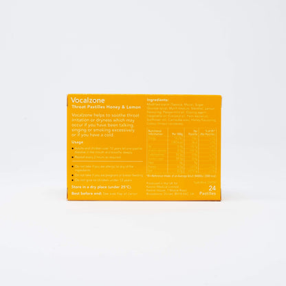 Vocalzone Honey Lemon lozenges dietary and suitability information label