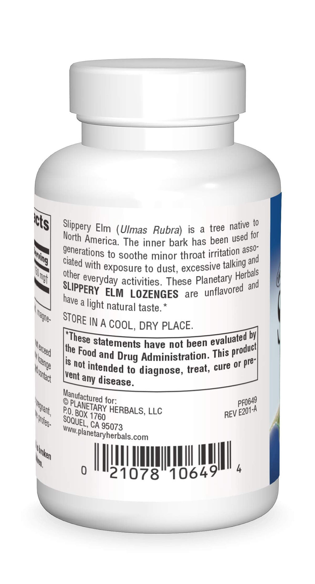 Planetary Herbals Slippery Elm Tangerine flavor herbal throat lozenges bottle label details