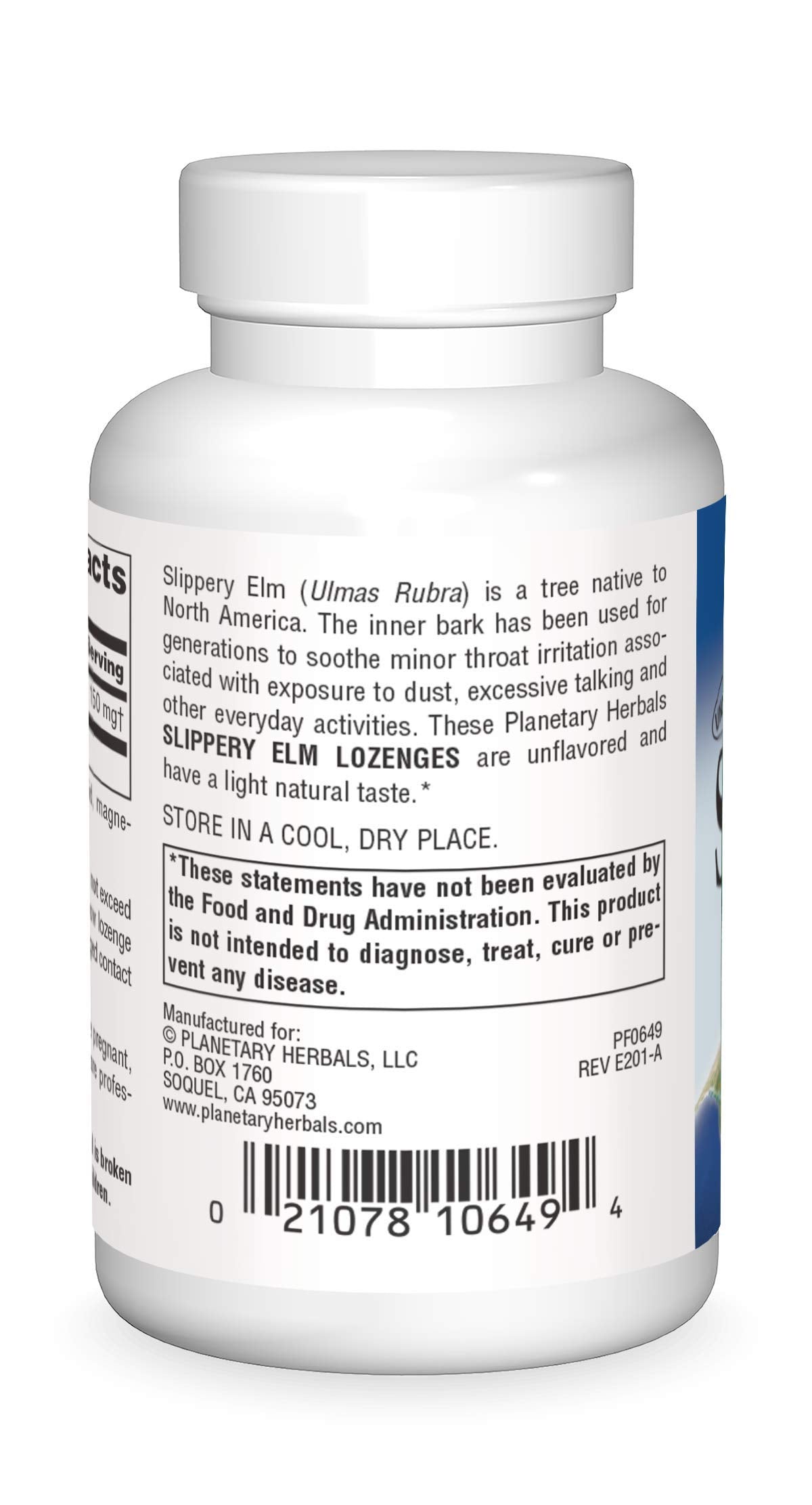 Planetary Herbals Slippery Elm Tangerine flavor herbal throat lozenges bottle label details