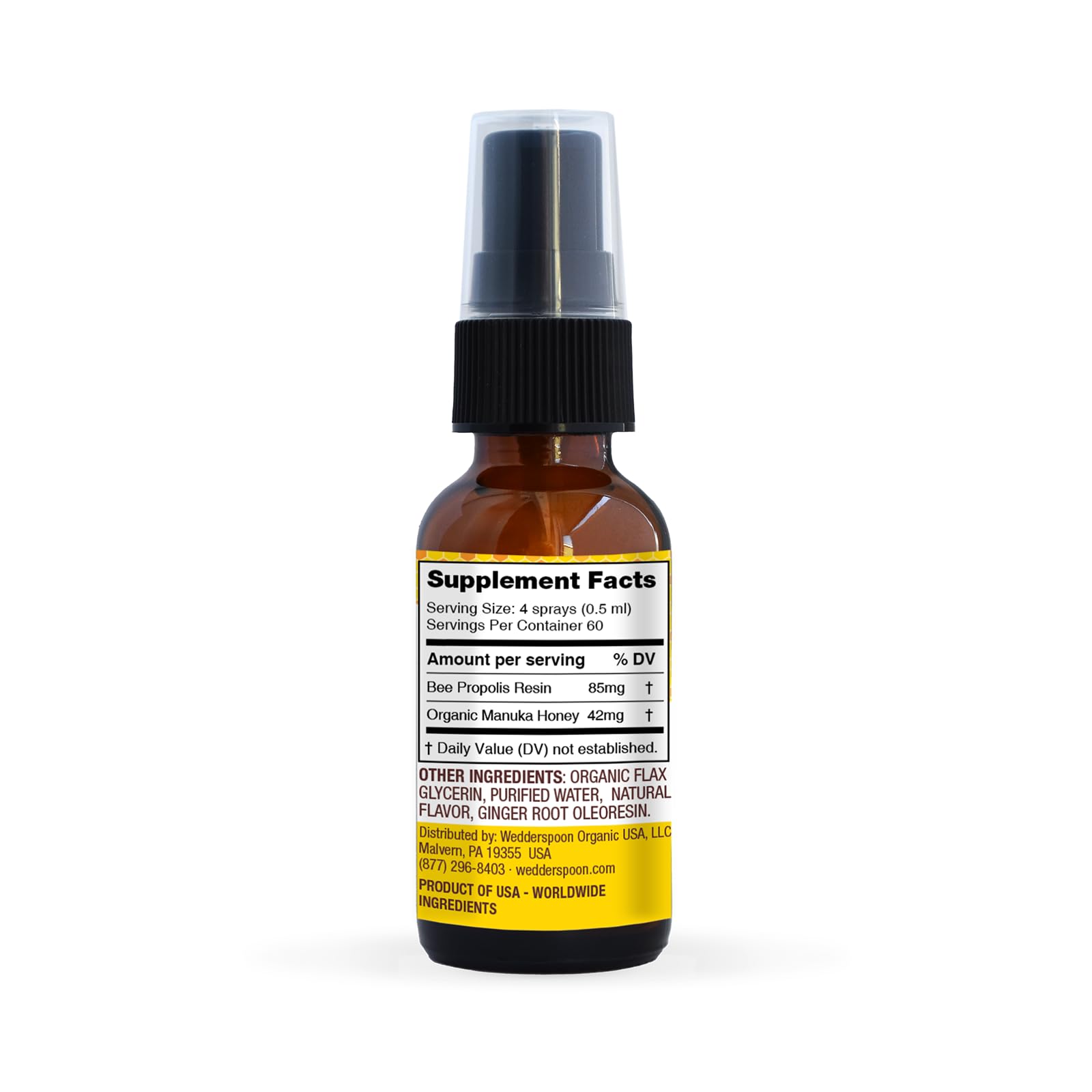 Wedderspoon throat spray bottle with honey and propolis ingredients