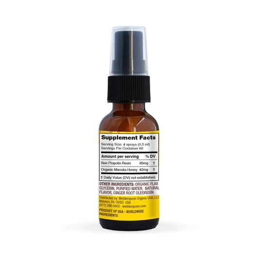Wedderspoon throat spray bottle with honey and propolis ingredients