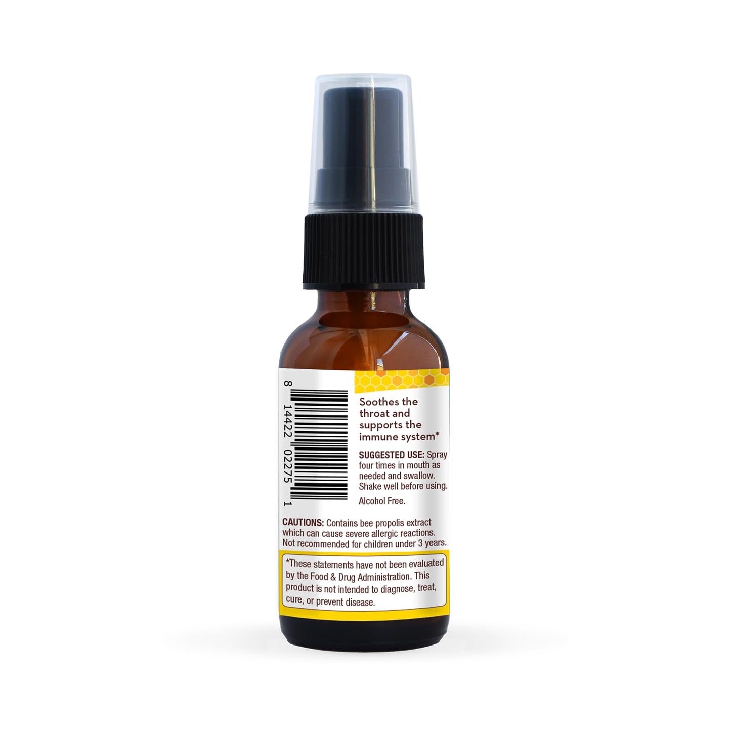 Back label of Wedderspoon Propolis and Manuka Honey Throat Spray showing dietary supplement facts